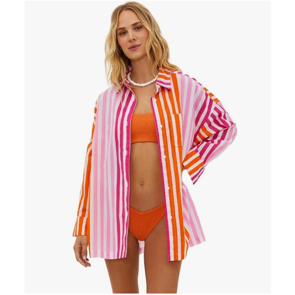 Beach Riot NWOT Alexa Sunset Stripe Cotton Button Up Beach Coverup Shirt P L